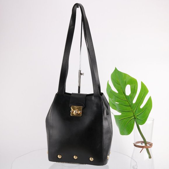 Salvatore Ferragamo Handbags - Salvatore Ferragamo Gancini Leather Bucket Shoulder Bag Tote Black Gold Plated